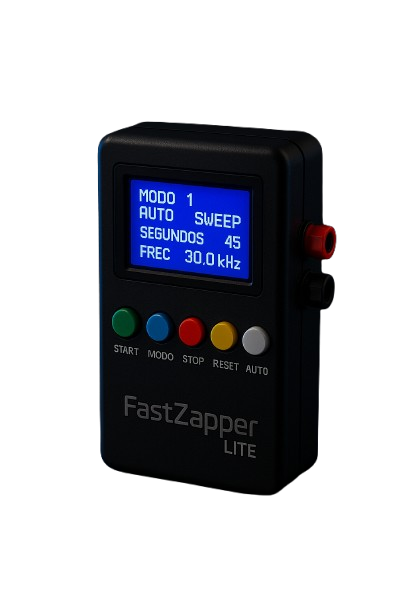 FastZapper LITE — render ilustrativo del equipo con pantalla azul y bornes laterales